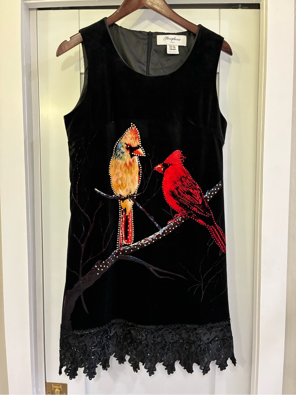 RARE Italian Black Velvet Mini Dress with Red & Gold Cardinal Embroidery